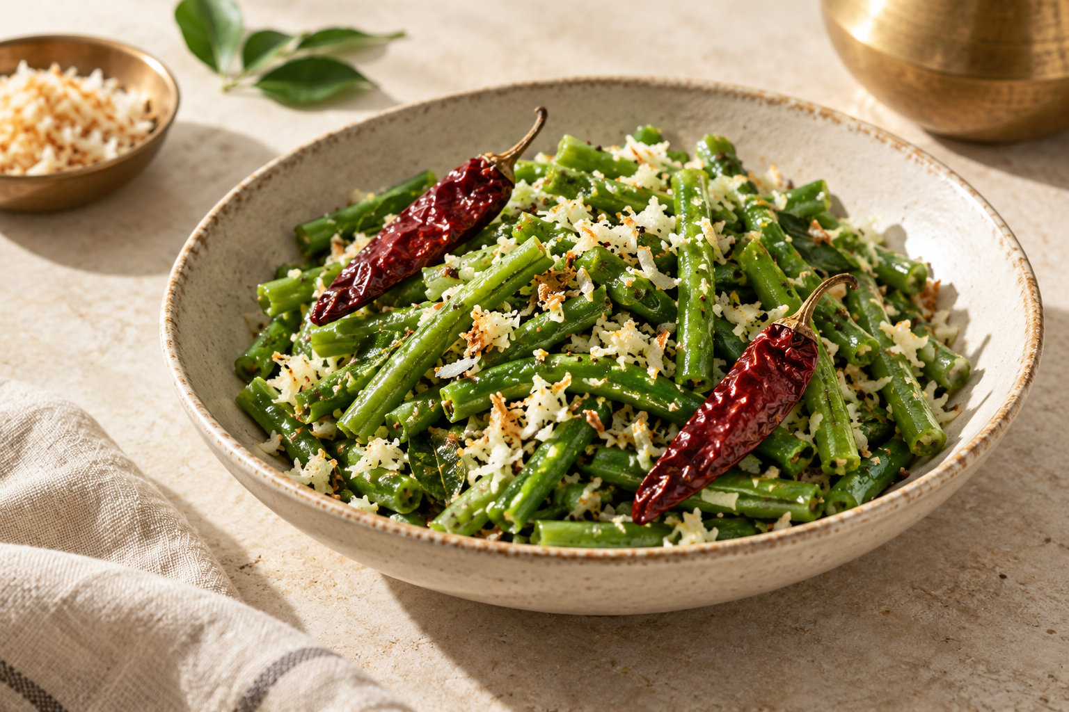Editorial photograph interpreting Coconut green beans with whole Byadagi chillies