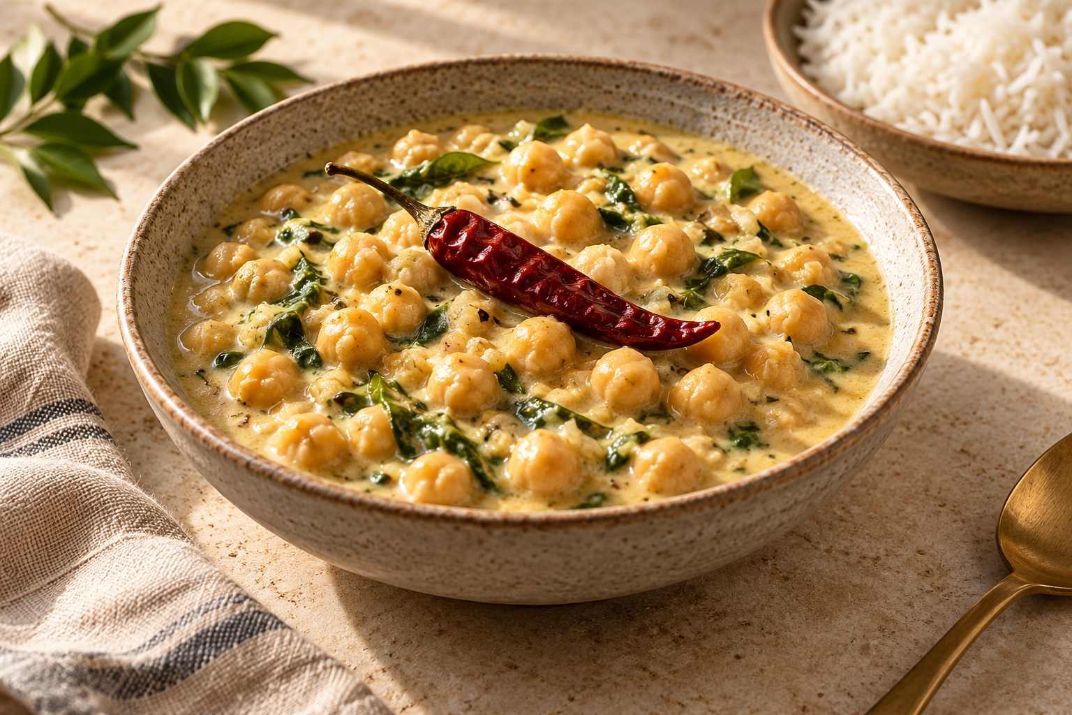 Editorial photograph interpreting Whole-chilli coconut chickpeas