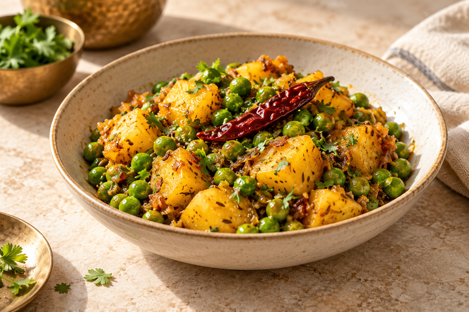 Editorial photograph interpreting Potatoes and peas with whole red chilli