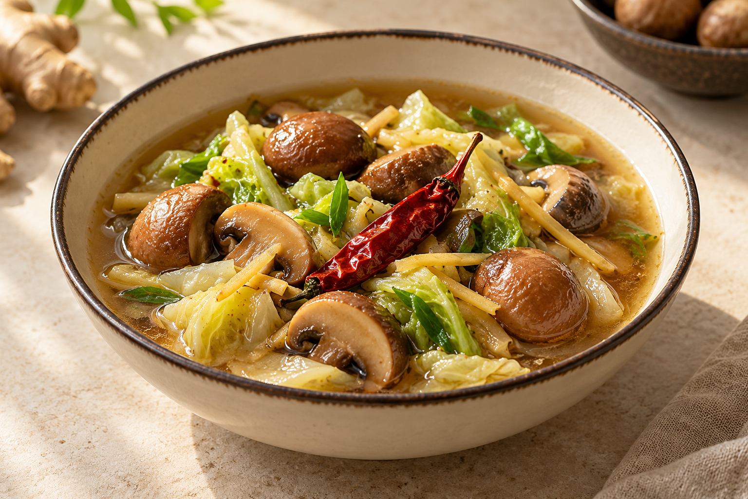 Editorial photograph interpreting Whole Hathei chilli mushroom and ginger stew